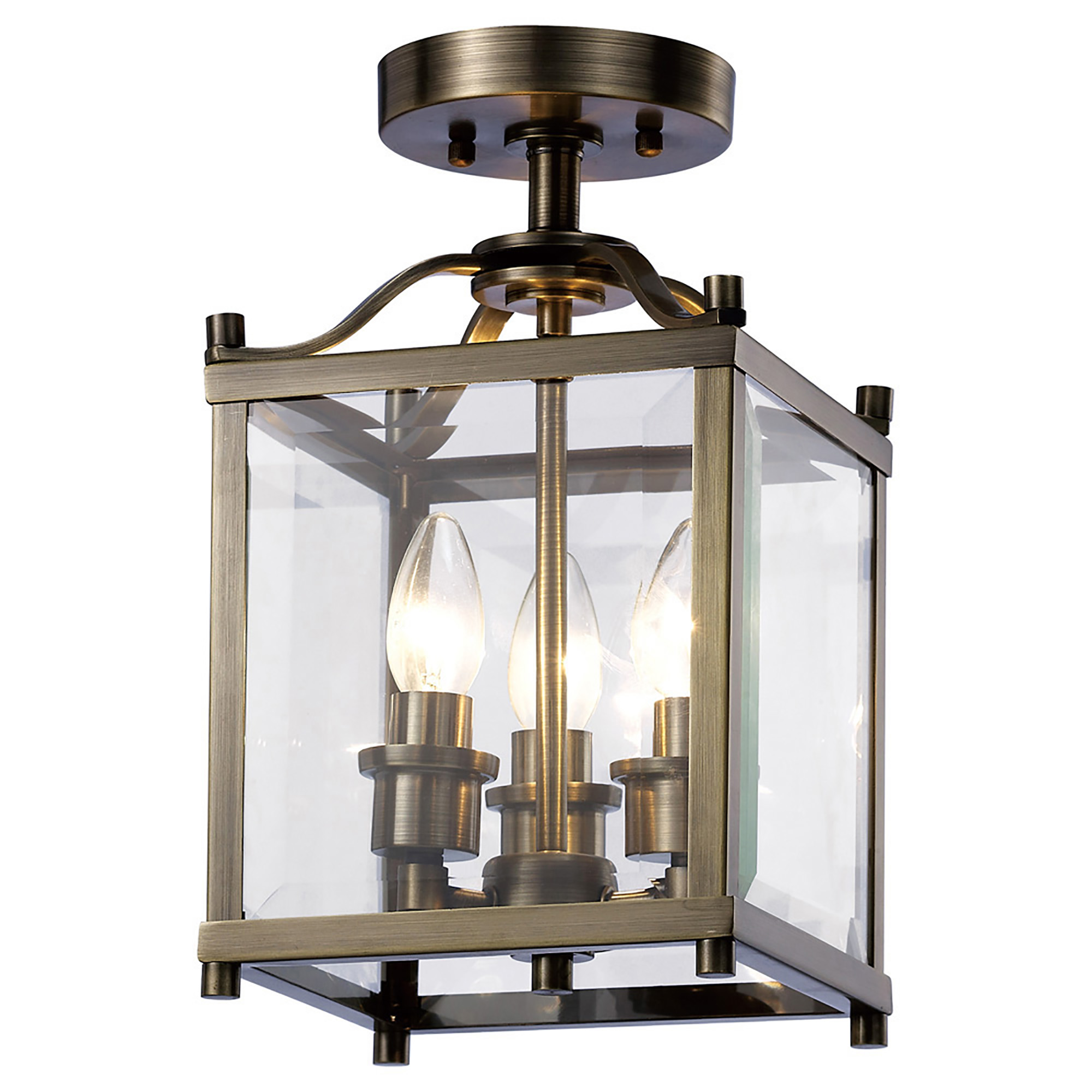 IL31110  Aston Glass Square Semi Flush 3 Light Antique Brass